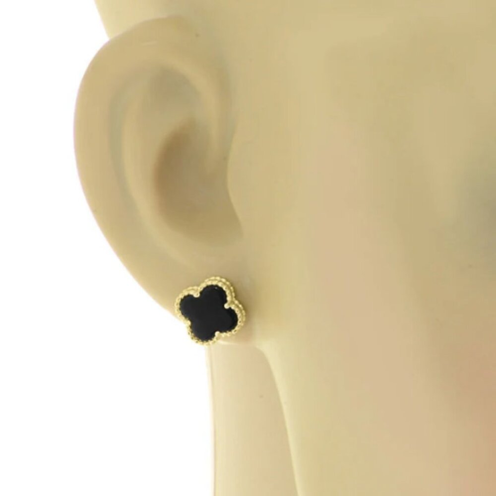 Black Onyx clover 925 silver 18k Yellow gold plated push back stud earrings
